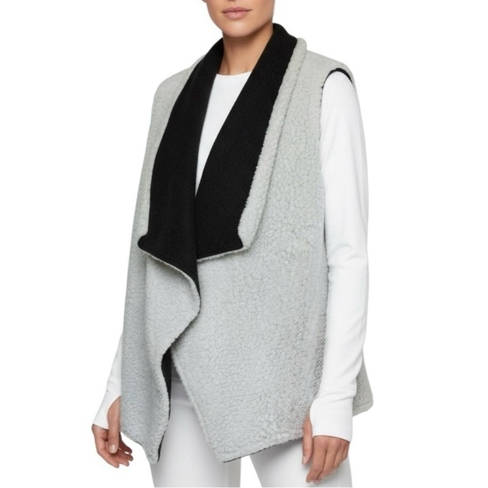Reversible Sherpa Fleece Drape Vest Charcoal Gray and Ivory Waterfall Open Front